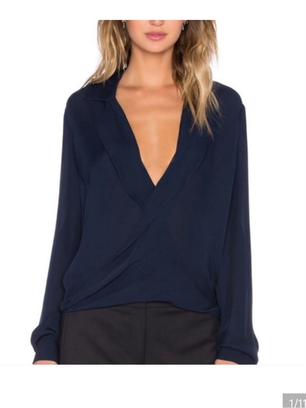 L'AGENCE - Navy Silk Draped Long-Sleeve Blouse - M